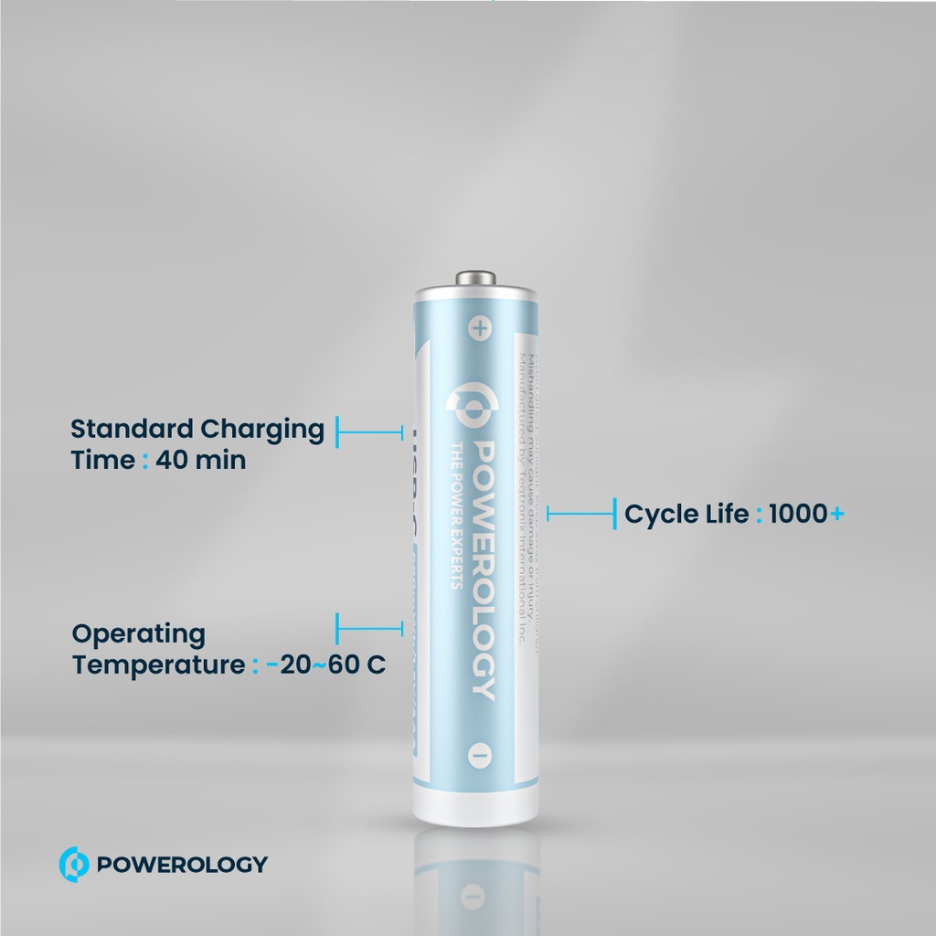 Powerology 1.5V Type-c Rechargeable Lithium-ion Battery AA Battery 2200mWh 4pcs per Pack