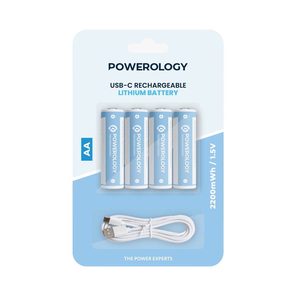 Powerology 1.5V Type-c Rechargeable Lithium-ion Battery AA Battery 2200mWh 4pcs per Pack