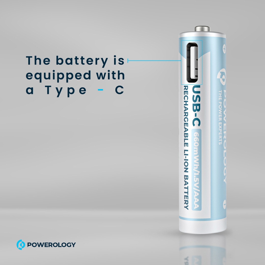 Powerology 1.5V Type-c Rechargeable Lithium-ion Battery AAA Battery 660mWh 4pcs per Pac