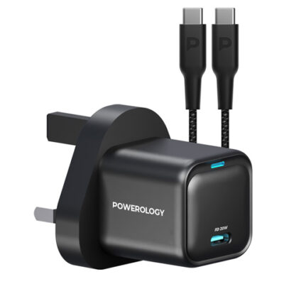 Powerology 20W Single C Port PD Charger UK with Type C to C 60W cable