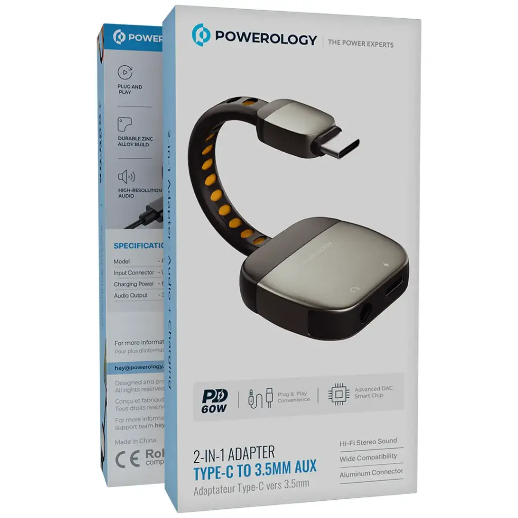 Powerology 2-IN-1 Adapter Type-C to 3.5mm AUX