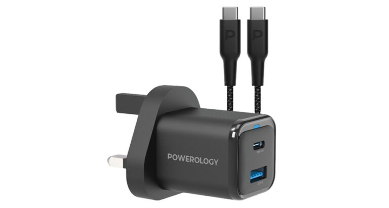Powerology 35W PD QC 1xUSB-C 35W and 1xUSB-A 18W GaN Charger UK -with Type C to C 60W -Black