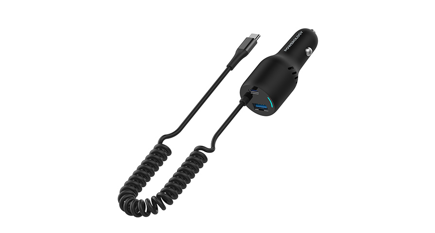 Powerology PD45W+QC18W+Type CCable 35W LED Dual Ports Car Charger With Coiled Cable -Black