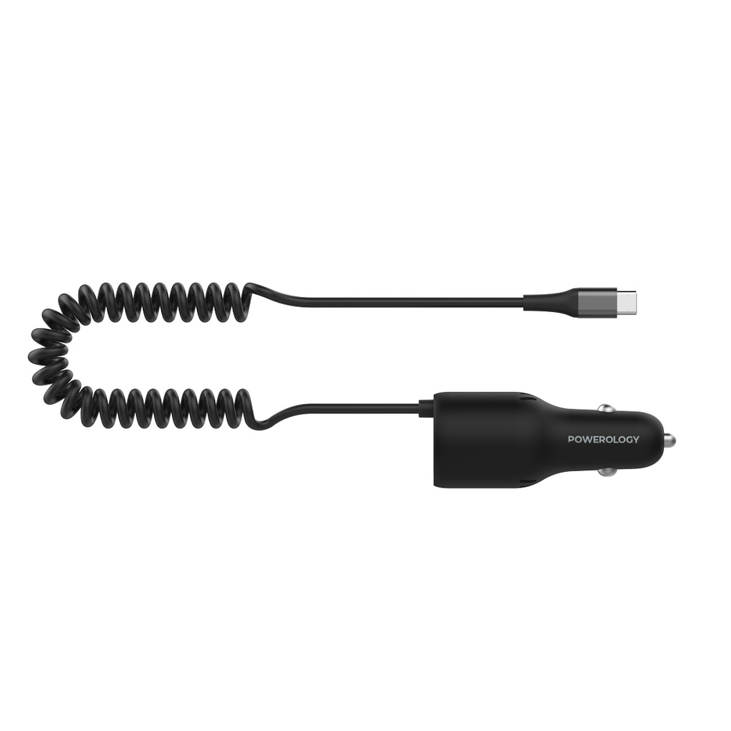 Powerology PD45W+QC18W+Type CCable 35W LED Dual Ports Car Charger With Coiled Cable -Black