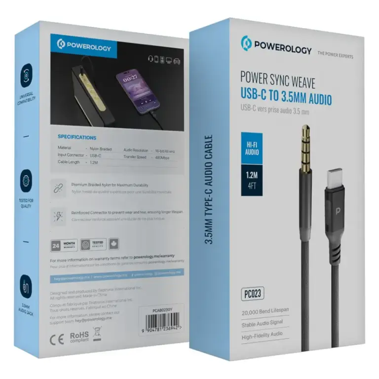 Powerology Power Sync Weave USB-C To 3.5mm Audio 1.2m Cable