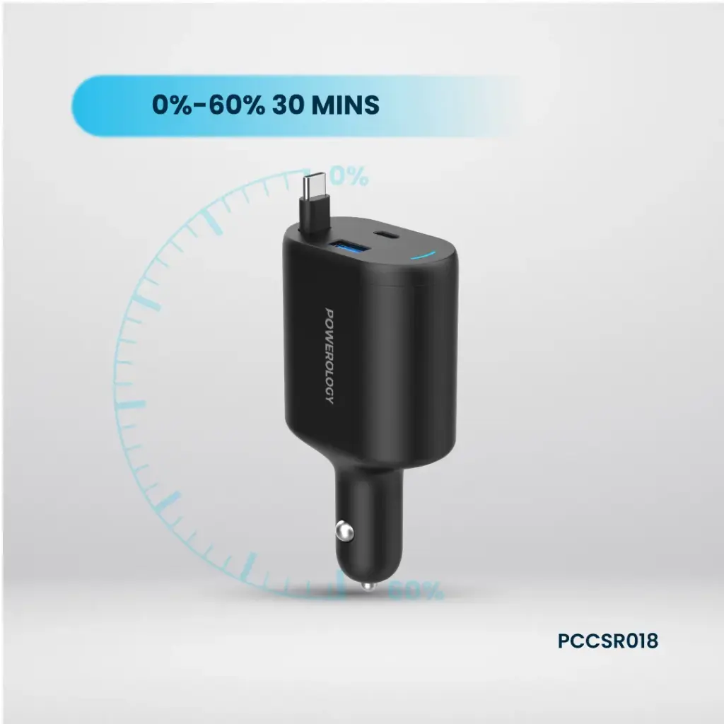 Powerology Type-C Retractable Car Charger 70W