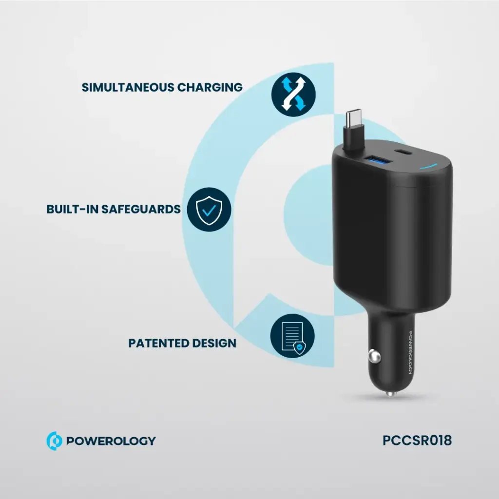 Powerology Type-C Retractable Car Charger 70W