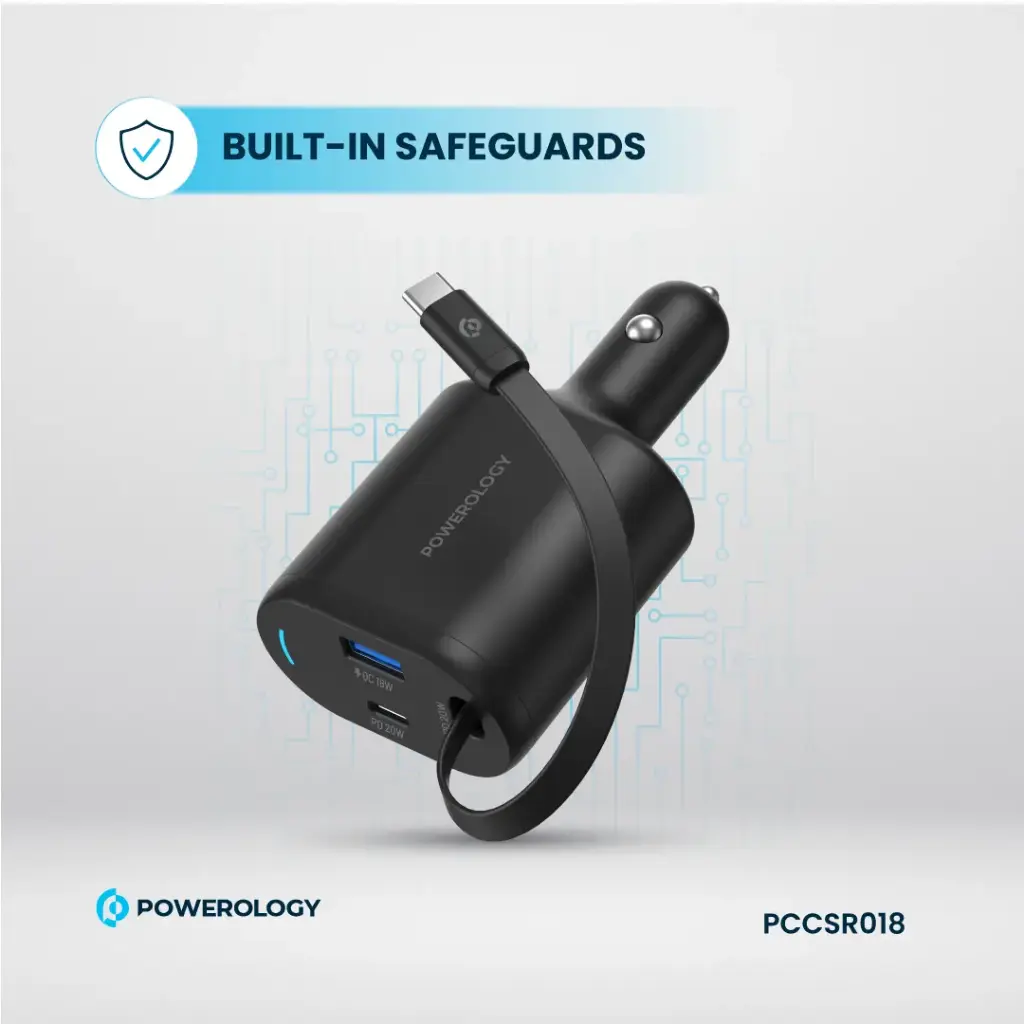 Powerology Type-C Retractable Car Charger 70W