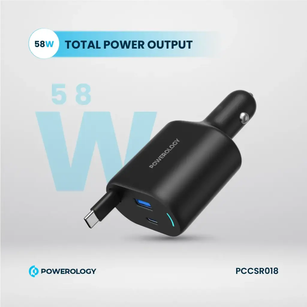 Powerology Type-C Retractable Car Charger 70W