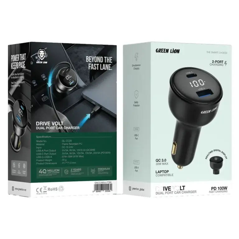 Green Lion Drive Volt Dual Port Car Charger - Black