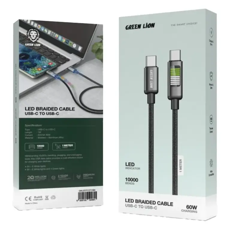 Green Lion LED Braided USB-C to USB-C Cable - Black
