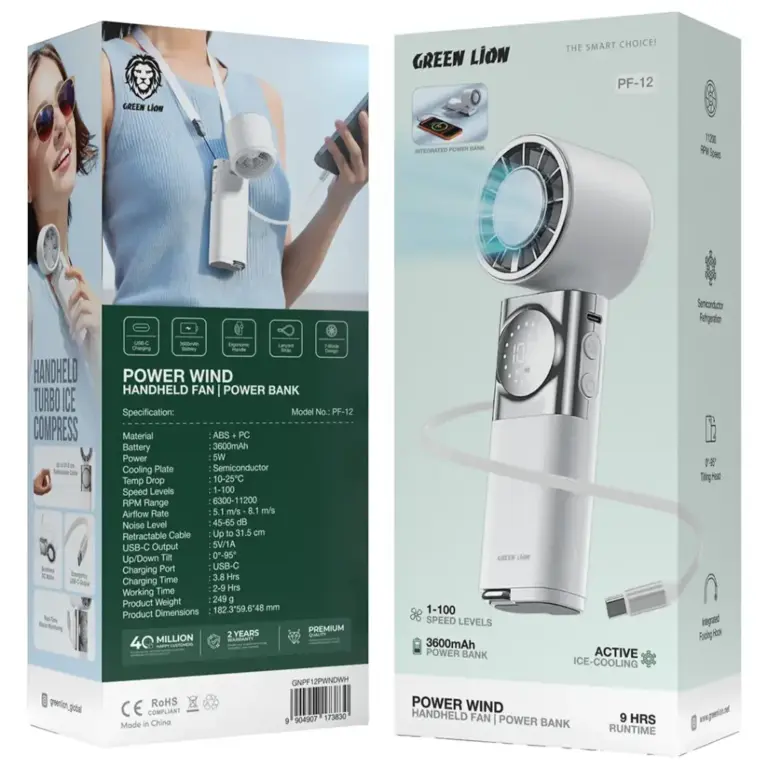Green Lion Power Wind Handheld Fan with Power Bank- White