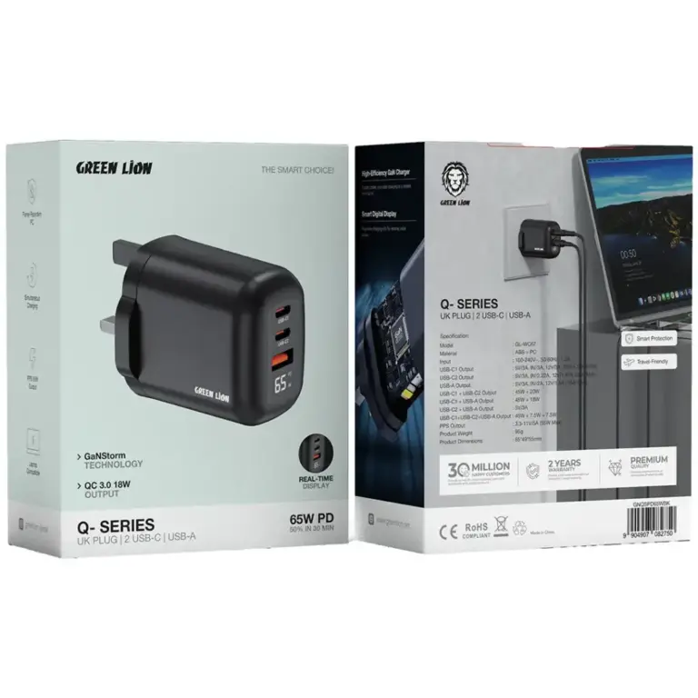 Green Lion Q-Series UK Plug 2 USB-C & USB-A Charger - Black