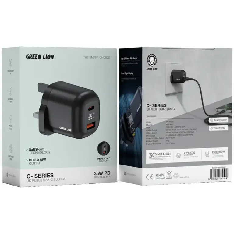 Green Lion Q-Series UK Plug USB-C & USB-A - Black