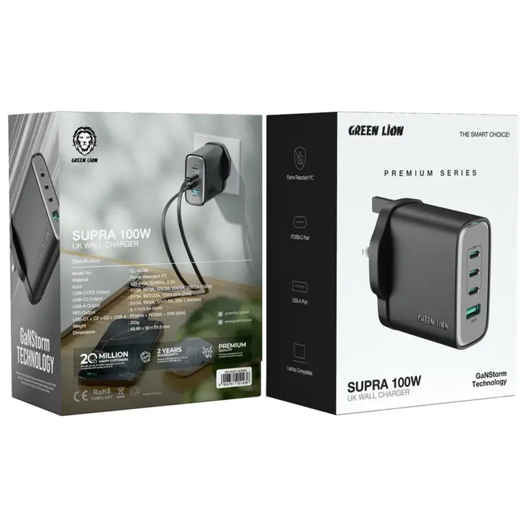 Green Lion Supra 100W UK Wall Charger - Black
