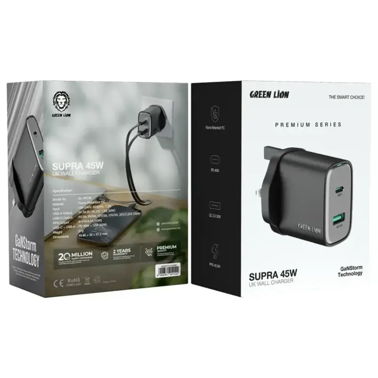 Green Lion Supra 45W UK Wall Charger - Black