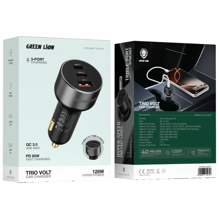 Green Lion Trio Volt Car Charger - Black