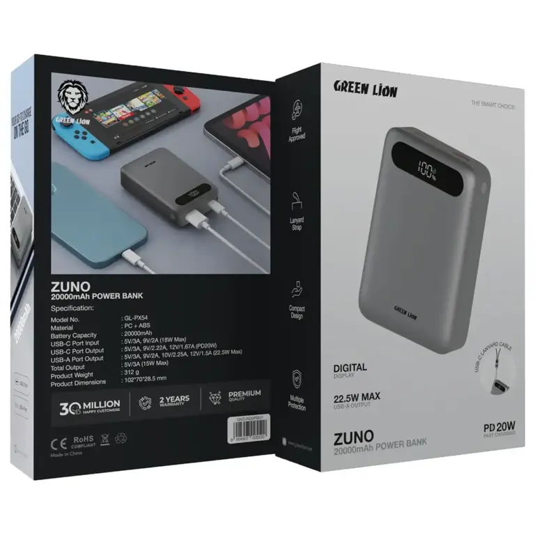 Green Lion Zuno 20000mAh Power Bank - Gray