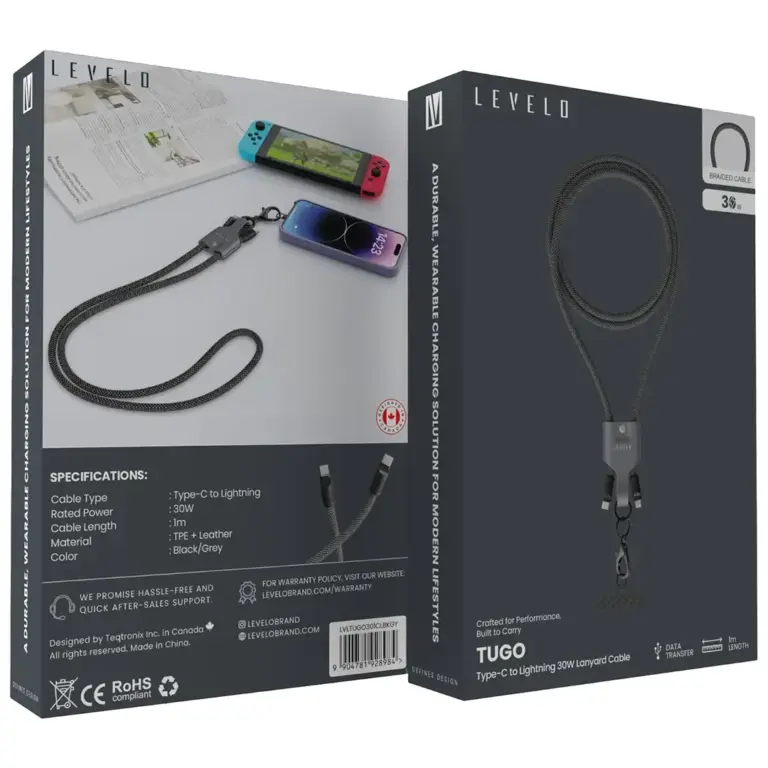 Levelo Tugo Type-C to Lightning 30W Lanyard Cable - Black/Grey