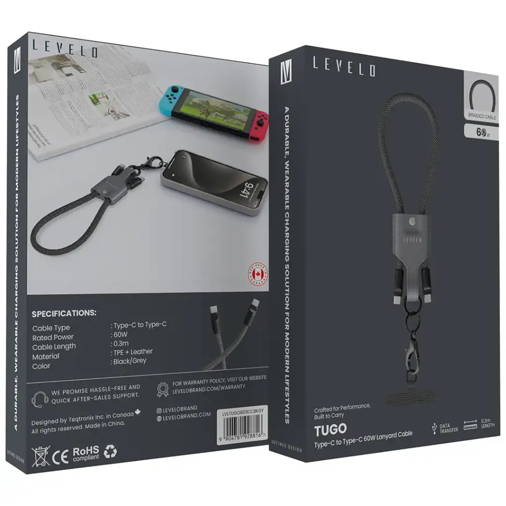 Levelo Tugo Type-C to Type-C 60W Lanyard Cable - Gray