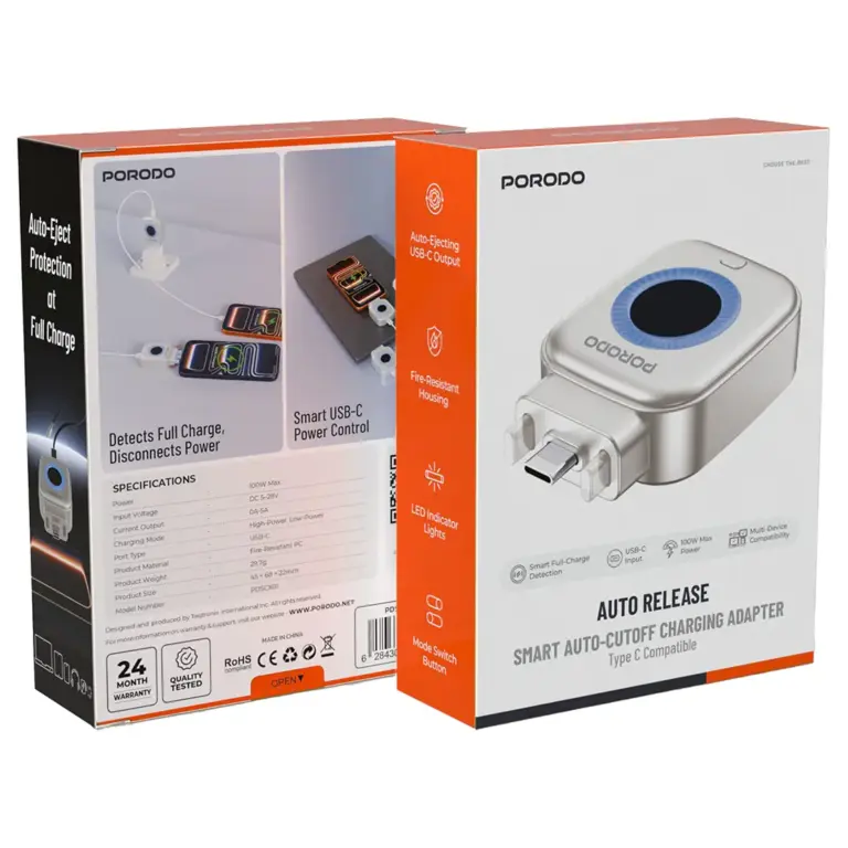 Porodo Auto Release Smart Auto-Cutoff Charging Adapter - Silver