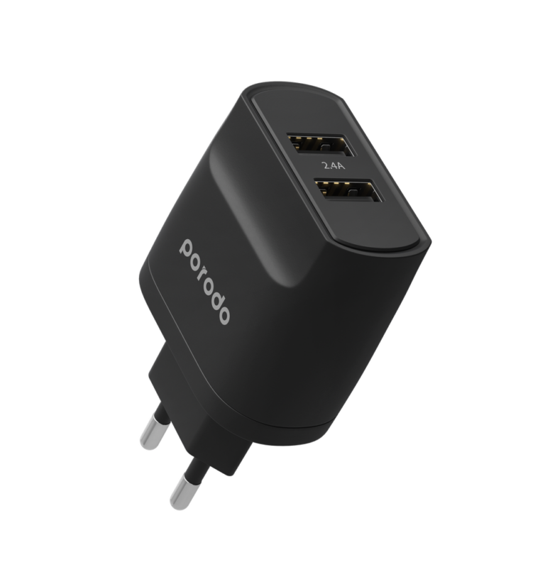 Porodo Blue Dual Port EU 2-Pin Wall Charger – Black