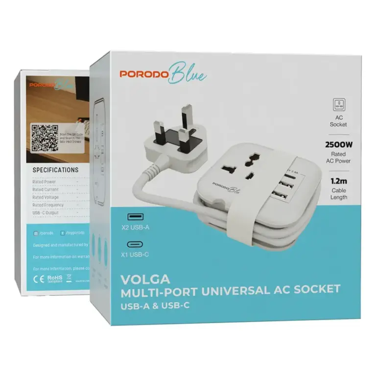 Porodo Blue Volga Multi-Port Universal AC Socket with USB-A & C - White