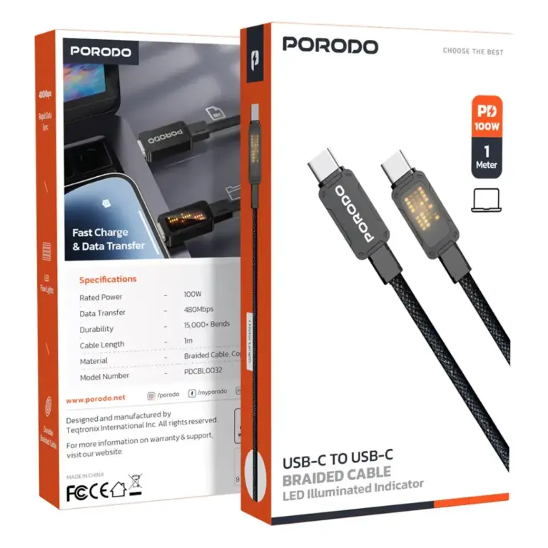 Porodo Braided Cable with LED Illuminated Indicator - Black