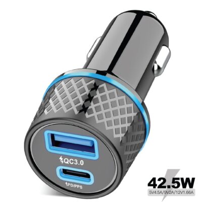 Porodo Dual Port Car Charger QC3.0 22.5W + PD 22W with Type-C to Lightning Cable