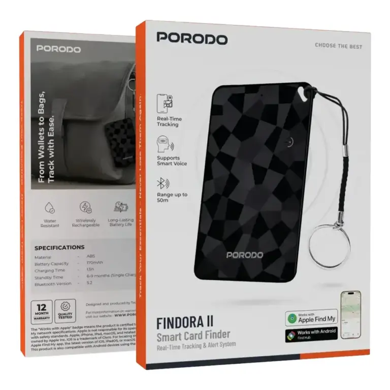 Porodo Findora II Smart Card Finder with Real-Time Tracking & Alert System - Black