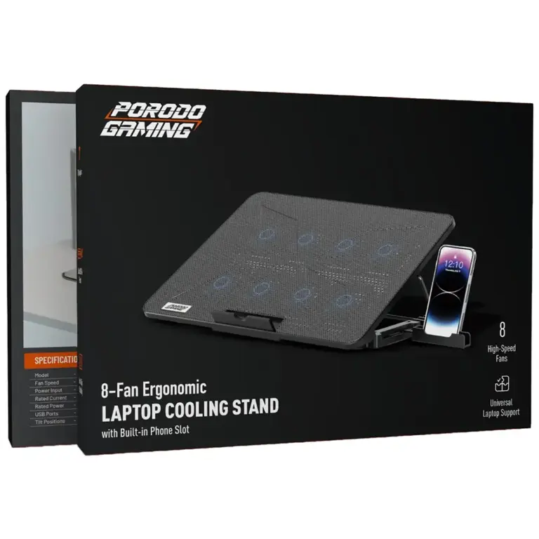 Porodo Gaming 8-Fan Ergonomic Laptop Cooling Stand with Built-In Phone Slot