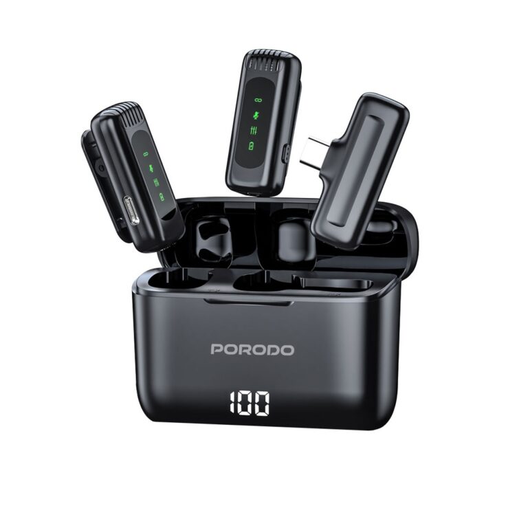 Porodo Lavalier Double Microphone with Charging Case - Black