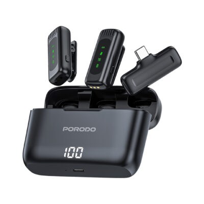 Porodo Lavalier Double Microphone with Charging Case - Black