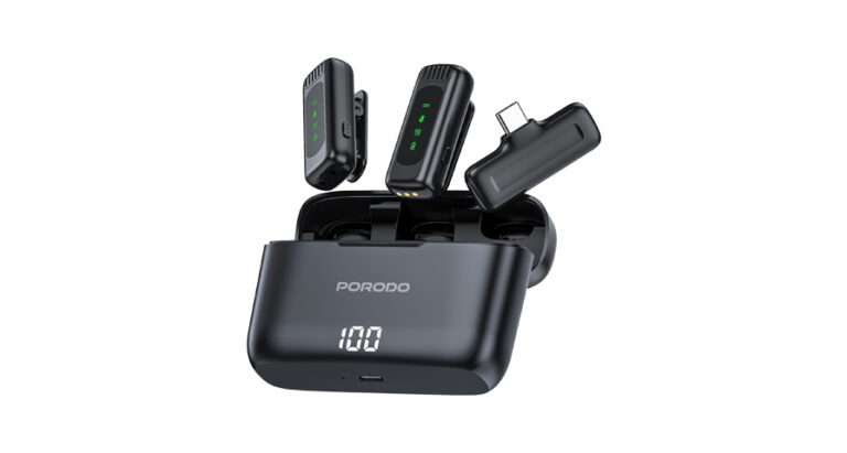 Porodo Lavalier Double Microphone with Charging Case - Black