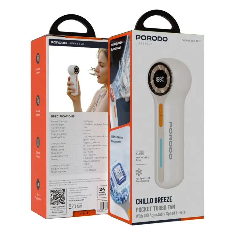 Porodo Lifestyle Chillo Breeze Pocket Turbo Fan with 100 Adjustable Speed Levels - Beige