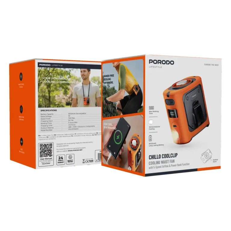 Porodo Lifestyle Chillo CoolClip Cooling Waist Fan with 5-Speed Airflow & Power Bank Function - Orange