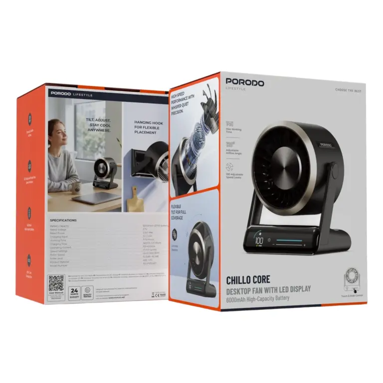 Porodo Lifestyle Chillo Core Desktop Fan with LED Display - Black