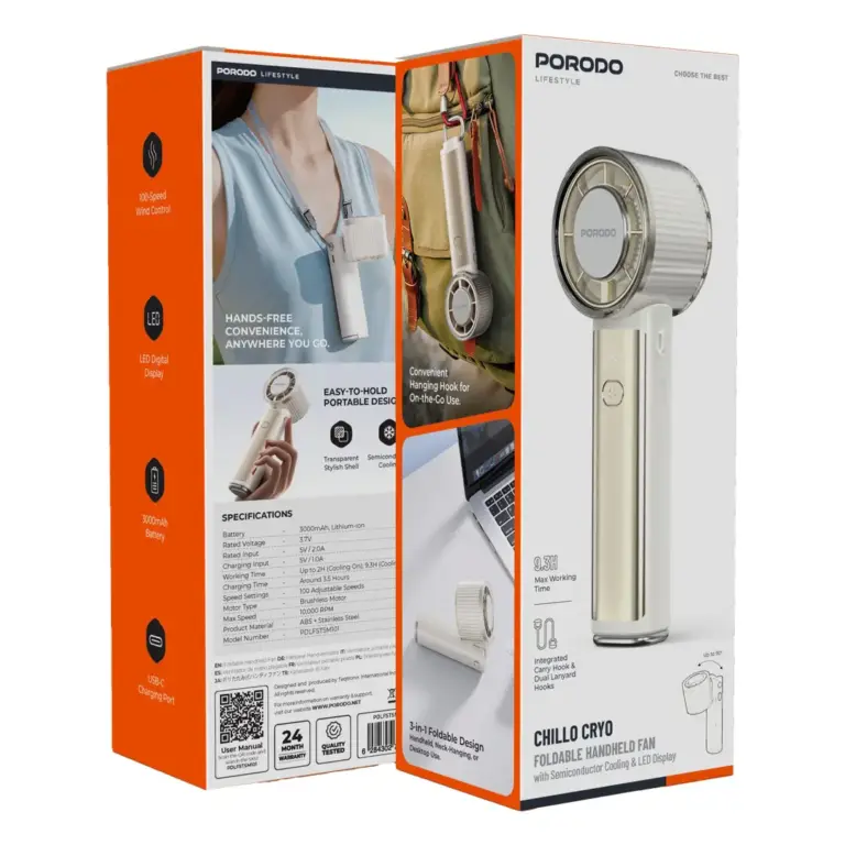 Porodo Lifestyle Chillo Cryo Foldable Handheld Fan with Semiconductor Cooling & LED Display- Beige