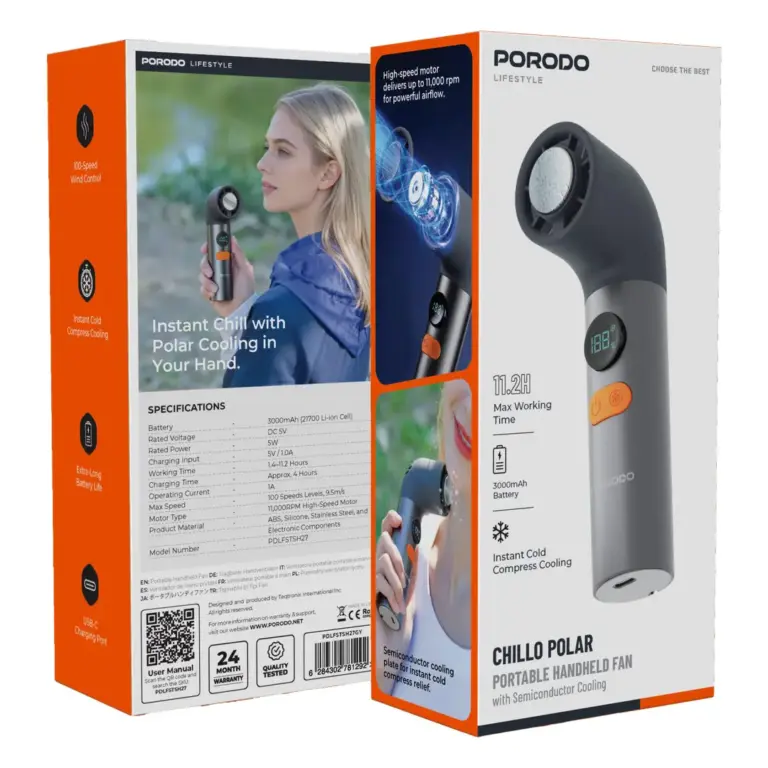 Porodo Lifestyle Chillo Polar Portable Handheld Fan with Semiconductor Cooling - Grey