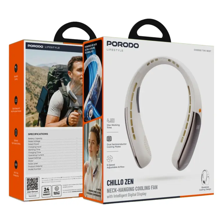 Porodo Lifestyle Chillo Zen Neck-Hanging Cooling Fan with Intelligent Digital Display