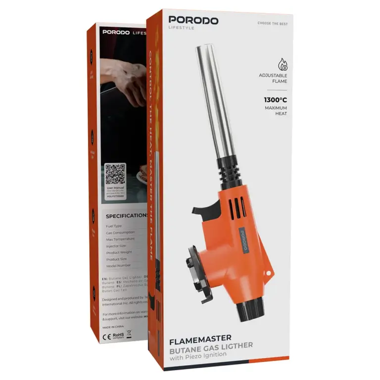 Porodo Lifestyle Flamemaster Butane Gas Lighter with Piezo Ignition - Black