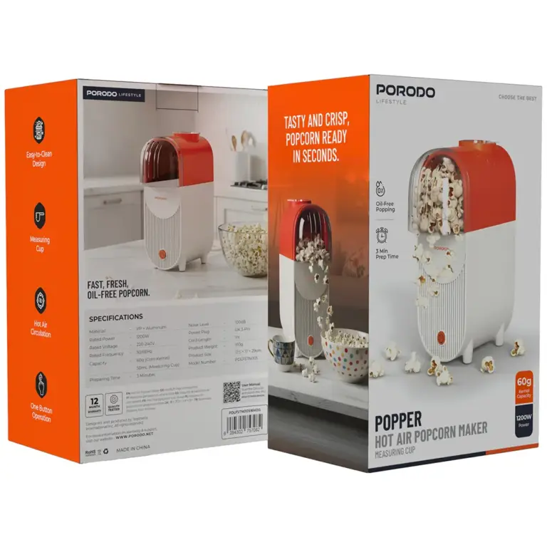 Porodo Lifestyle Popper Hot Air Popcorn Maker with Measuring Cup - White & Orange