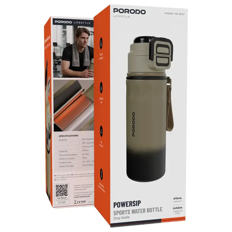 Porodo Lifestyle Powersip Sports Water Bottle with Strap Handle