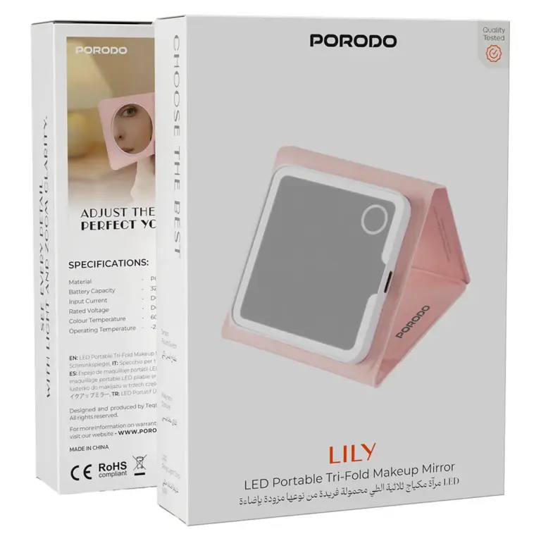 Porodo Lily LED Portable Tri-Fold Makeup Mirror - Pink
