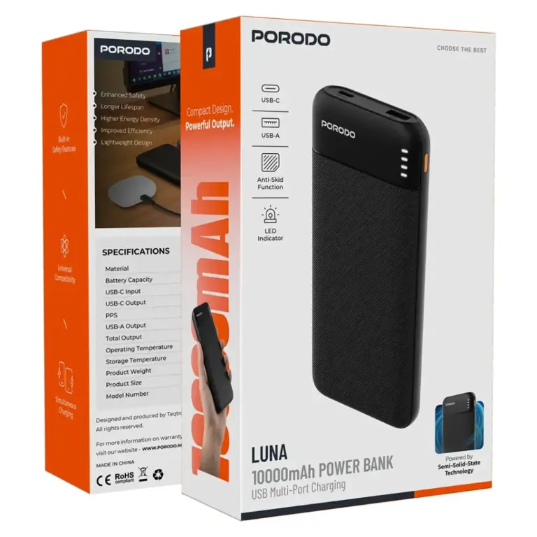 Porodo Luna Pro Power Bank with USB Multi-Port Charging - Black