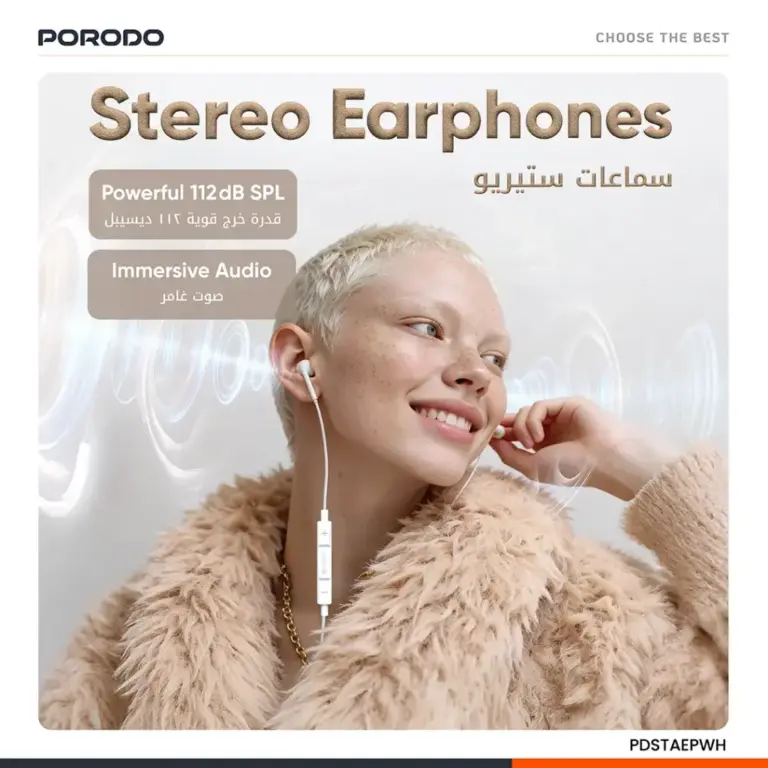 Porodo Soundtec Stereo Earphones 3.5mm with High-Clarify Mic - White