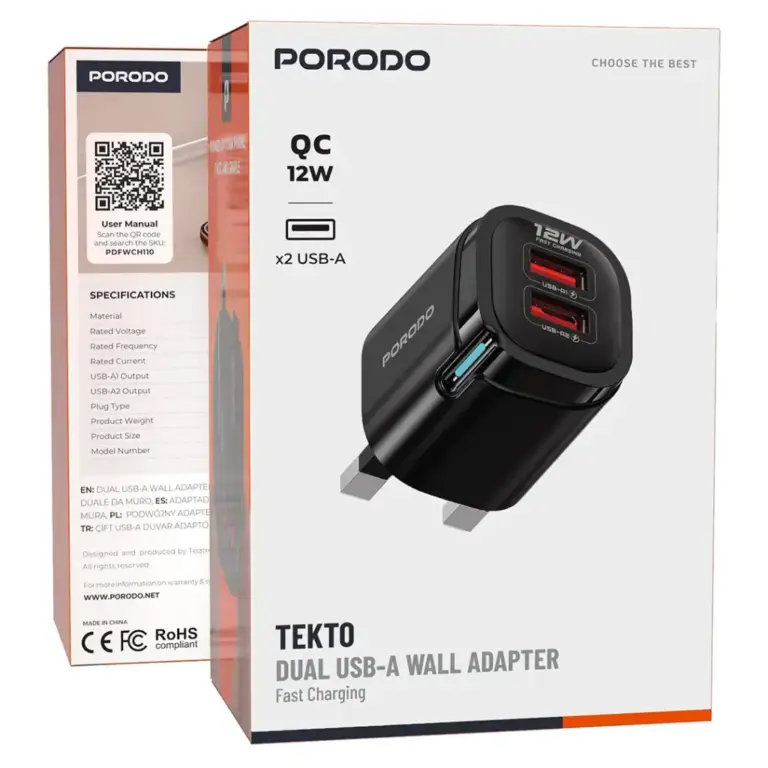 Porodo Tekto Dual USB-A Wall Adapter - Black