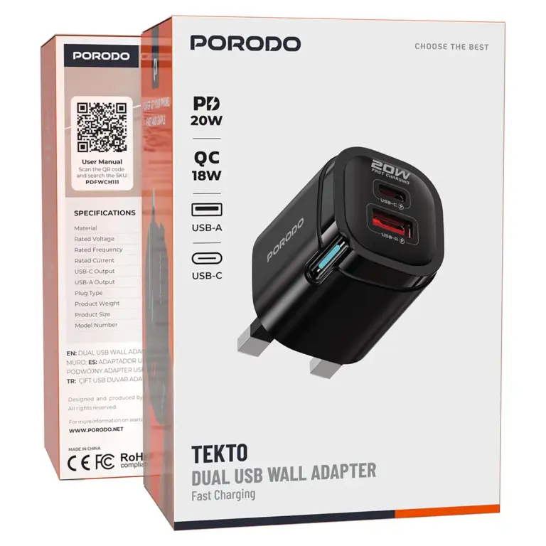 Porodo Tekto Dual USB Wall Adapter - Black