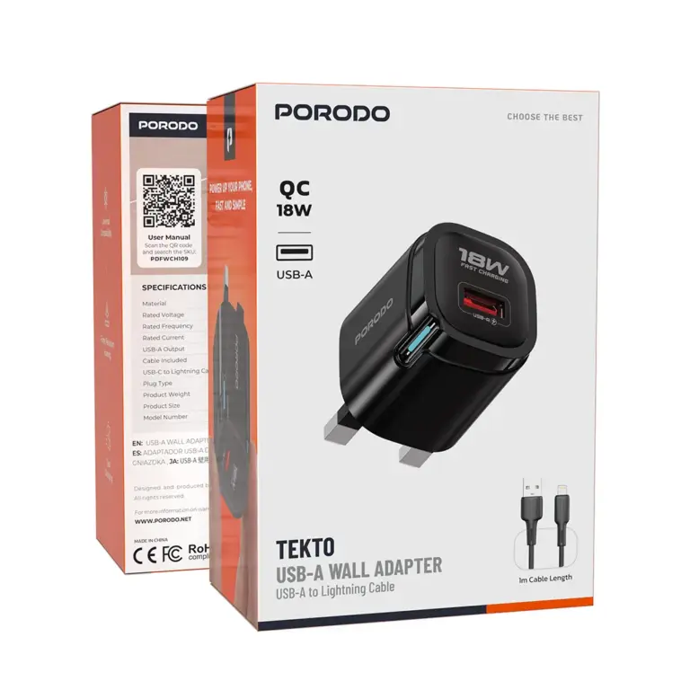Porodo Tekto USB-A Wall Adapter - Black