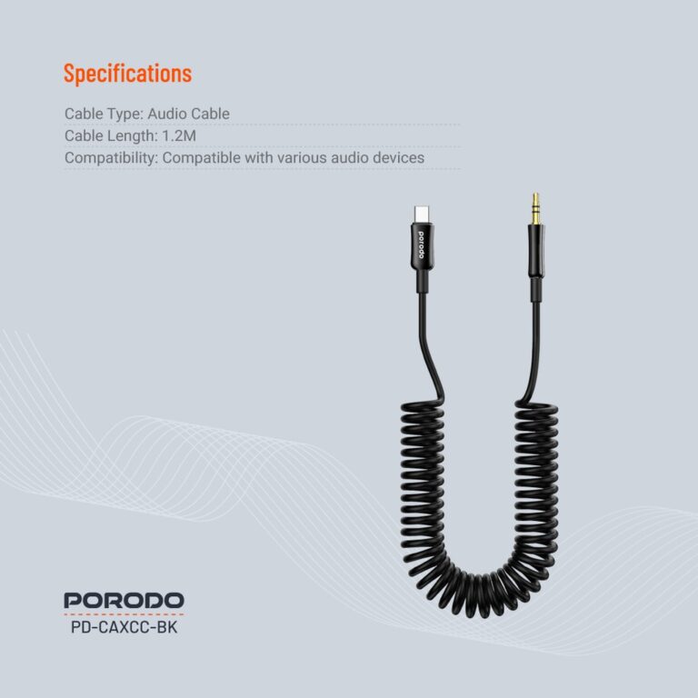 Porodo Type C to AUX Coil Cable 1.2M - Black